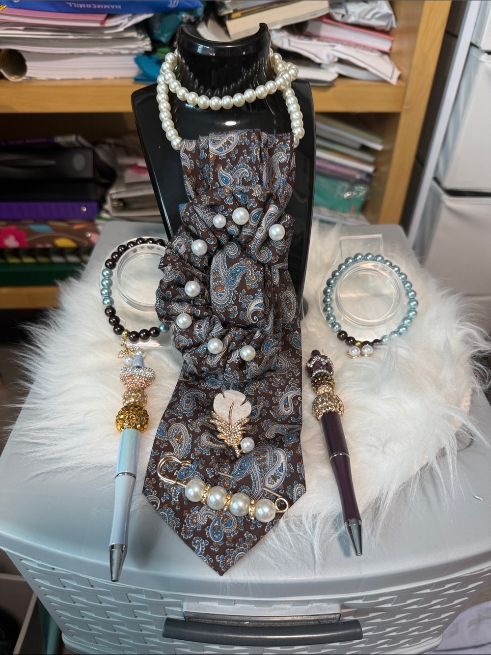 Pearl-Embellished Brown Paisley Junk Neck Tie Accessory